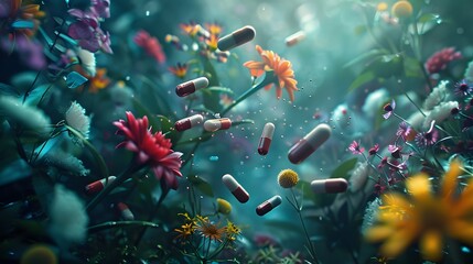 Pills in beautiful flowers - obrazy, fototapety, plakaty