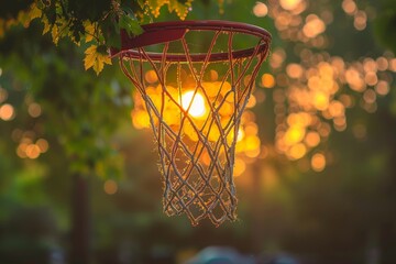 Fototapeta na wymiar Basketball Hoop Hanging From a Tree at Sunset