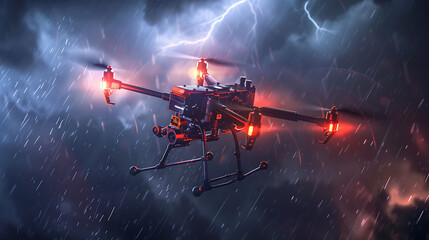 a black helicopter soars through a stormy sky, illuminated by a red light