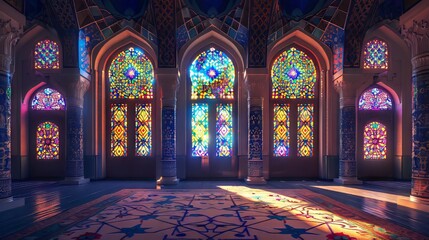 A room with stained glass windows and a blue carpet