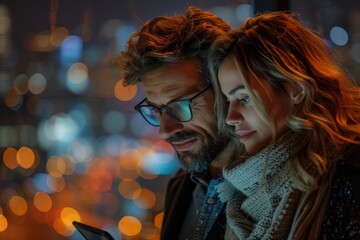 An anonymous woman is engrossed in her smartphone, with a backdrop of out-of-focus city lights creating an engaging ambience