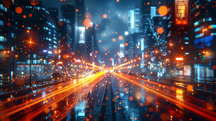 A city street with a lot of lights and a blurry background. The lights are scattered all over the street, creating a sense of movement and energy. Scene is lively and dynamic