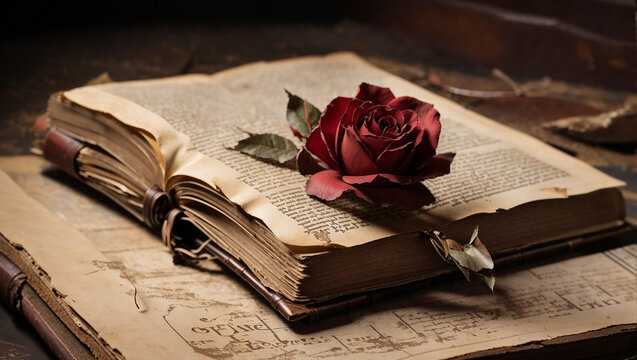 The image is of a book opened and laying on a wooden surface. On the left side of the book is a dried red rose laying on top of dried leaves and other remnants.

