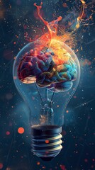 Liquid Color design background fly out of the light bulb with the human brain as an idea colorful brain splash Brainstorm and inspire concept.
