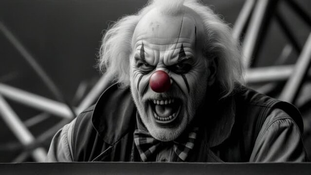 A black and white animated portrait of a scary clown on a roller coaster, depicting a fictional character in a dark and eerie amusement park setting, evoking a sense of horror and entertainment