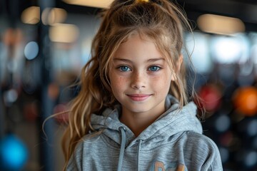 A casual young girl with captivating blue eyes stands in a gym, with fitness equipment in the background