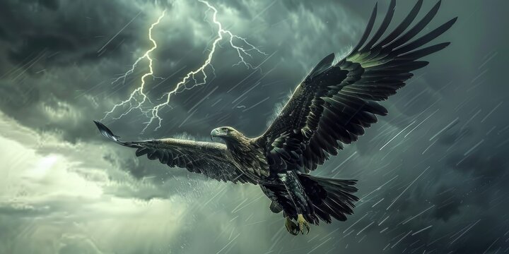 A majestic griffin soaring through a storm.realistic stock photography.