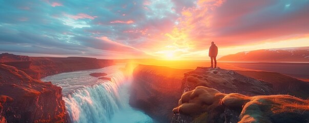 Majestic landscape of waterfall flowing with colorful sunset sky and male tourist standing at the...