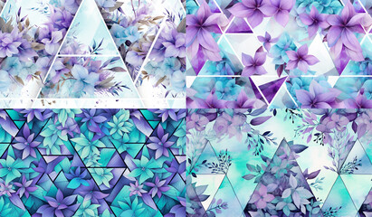 Geometric triangles adorned with serene turquoise and lavender botanicals for a unique seamless pattern.