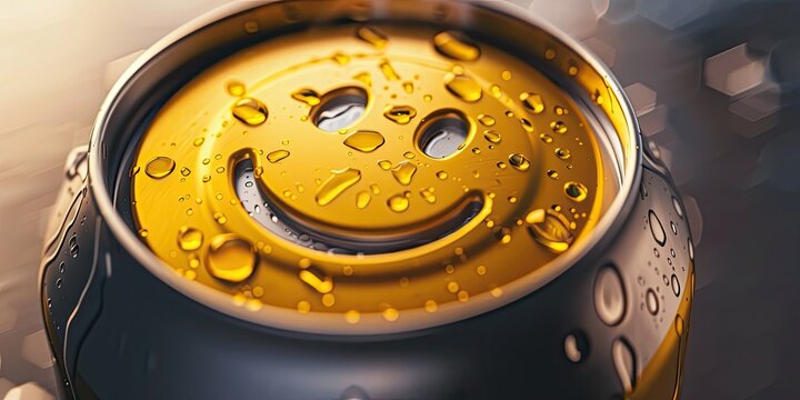 a photorealistic image of a bottom of a craft beer can with a smiley face sticker realistic stock photography.