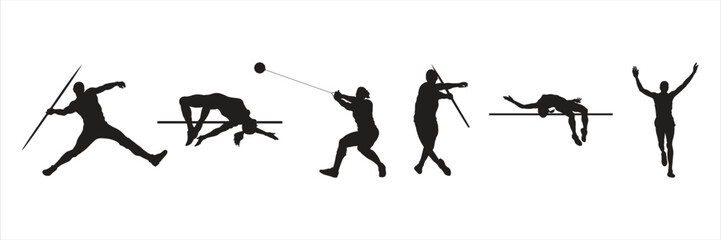 set black silhouette athlete on white background, summer olympic sports, vector illustration