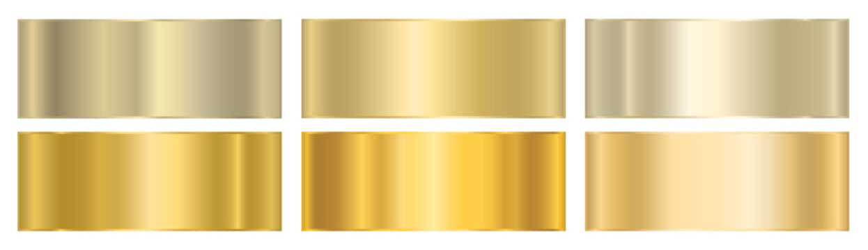 A set of gold metallic glossy gradients. The texture of a smooth metal surface. A combination of shades of metal and chrome. Vector illustration.