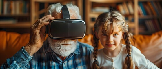 Grandpa and grandchild bonding over virtual reality experience. Concept Family Bonding, Virtual Reality, Intergenerational Connection - obrazy, fototapety, plakaty