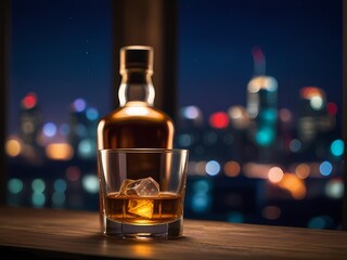 the whiskey in the glass with beauty blur city background - obrazy, fototapety, plakaty