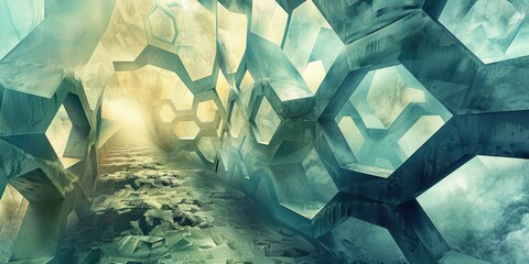 a surreal dreamscape where hexagonal elements morph and shift in an endless dance of geometry realistic stock photography - obrazy, fototapety, plakaty