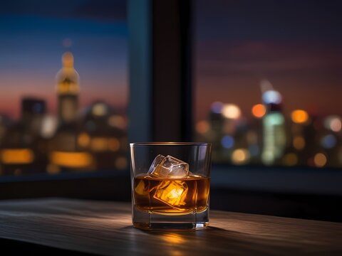 the whiskey in the glass with beauty blur city background