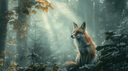 A fox sits contemplatively in a misty, sunlit forest with autumn leaves.
