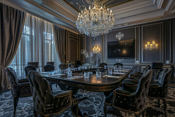 An upscale meeting room in a boutique hotel, featuring luxurious velvet chairs, crystal chandeliers, and opulent decor, exuding elegance and sophistication.