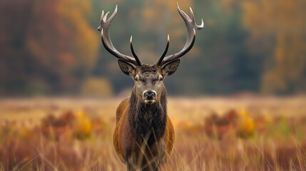 A majestic stag with impressive antlers stands in a field with a blurred autumnal forest background.

