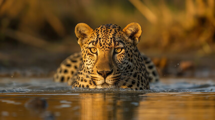 A leopard is stealthily swimming in water with its head above the surface at golden hour.
