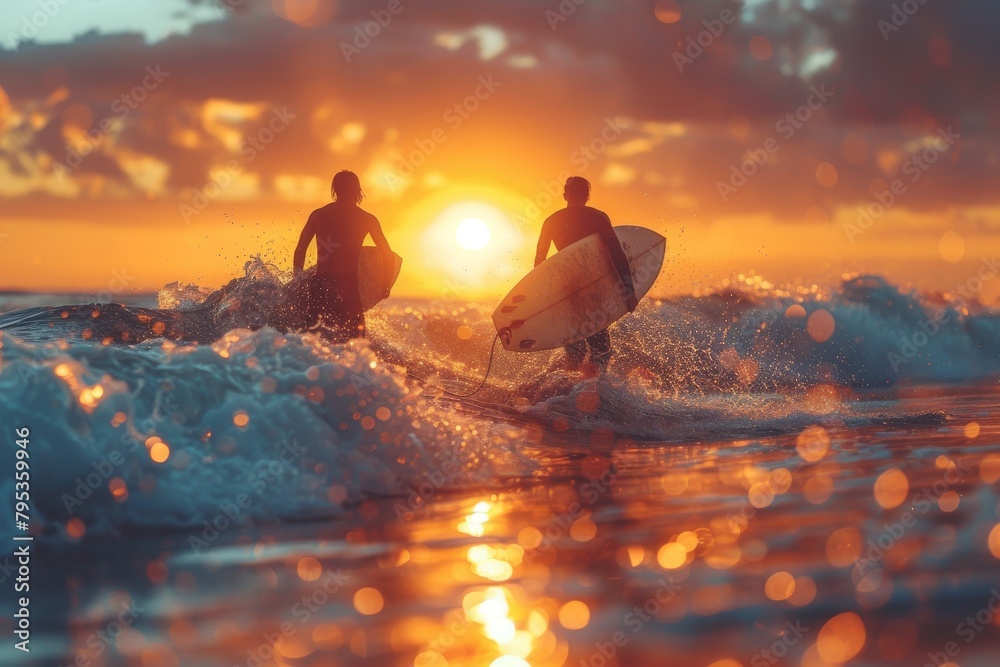 Wall mural surfers stand back to sea watching the sunset while waves crash around them, showcasing the beauty o