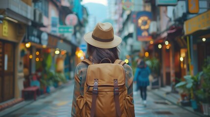 Rear view of young Asian traveling women walking in the city, traveler and tourist concept, generative ai