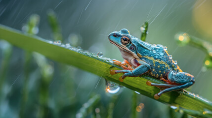 A colorful frog is perched on a green leaf with raindrops around it.
