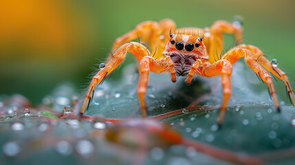An orange jumping spider is standing on a leaf with water droplets.
