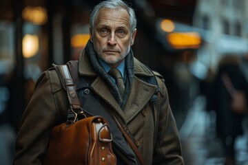 Fototapeta premium Thoughtful looking senior man with a leather bag and a warm coat stands outdoors