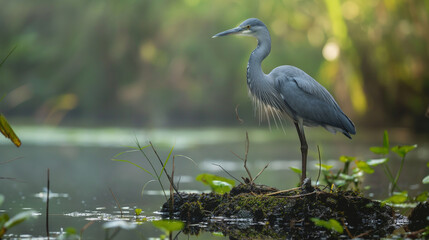 A grey heron stands on a mossy rock amidst a tranquil water setting with lush greenery in the background.
 - obrazy, fototapety, plakaty
