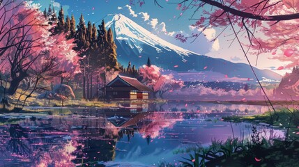 Beautiful anime-style illustration of a japanese landscape, digital art illustration