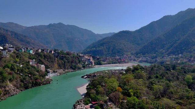 morning view landscape of mountains and rivers in rishikesh drone shot