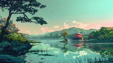 Beautiful anime-style illustration of a japanese landscape, digital art illustration