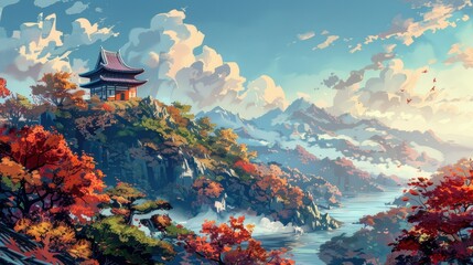 Beautiful anime-style illustration of a japanese landscape, digital art illustration