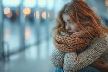 Red haired upset girl looking at window in airport. Selective focus. Blurred background  