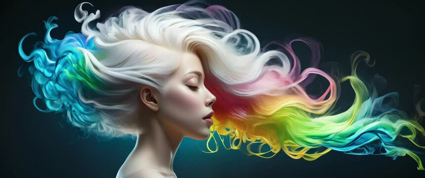 Portrait of an albino girl with flowing colorful hair