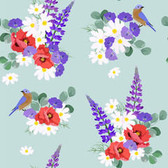 Seamless vector illustration with lupine, poppy and birds on a blue background.