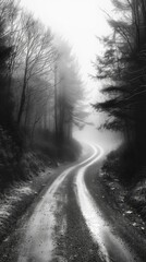 Misty road winding through a forest landscape, shrouded in fog, creating a mysterious and serene atmosphere.