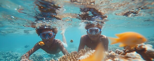 Mother and son discover small fish while snorkeling - obrazy, fototapety, plakaty