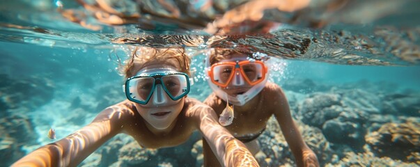 Naklejka premium Mother and son discover small fish while snorkeling