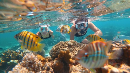 Mother and son discover small fish while snorkeling