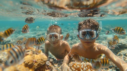 Mother and son discover small fish while snorkeling - obrazy, fototapety, plakaty