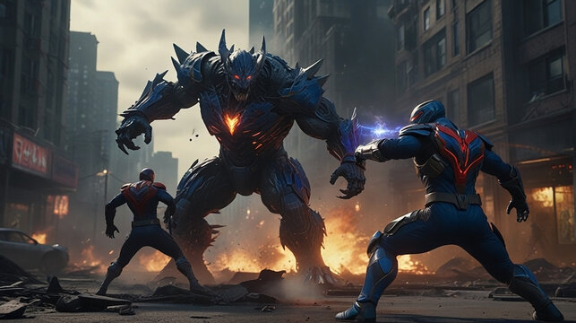 ultramen fighting monsters in the city