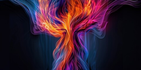 colorful abstract design with swirling blue and orange hues flames against a black background