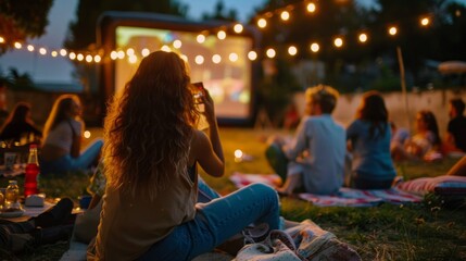 A group of people are sitting on blankets in a grassy field
