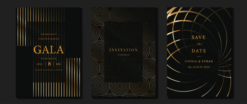 Luxury invitation card background vector. Golden elegant geometric shape, gold lines gradient on dark background. Premium design illustration for gala card, grand opening, wedding, party invitation.