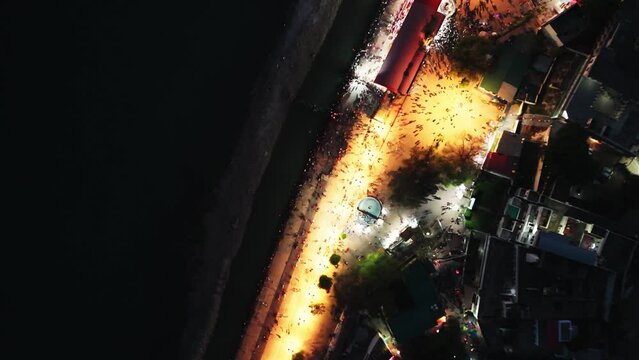 night view of holy triveni ghat in rishikesh drone shot