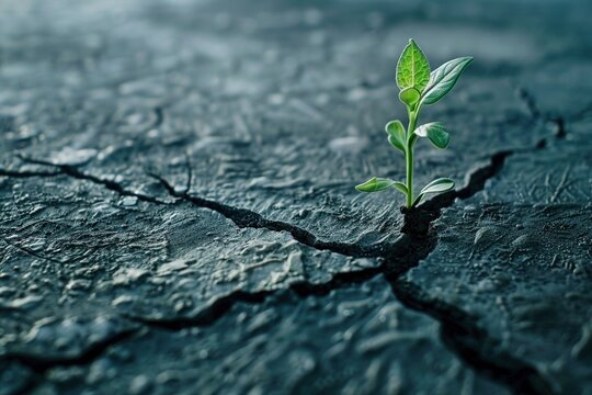 Pl&aacute;ntula verde desafiando las condiciones &aacute;ridas, emergiendo de la tierra agrietada, representando esperanza y tenacidad