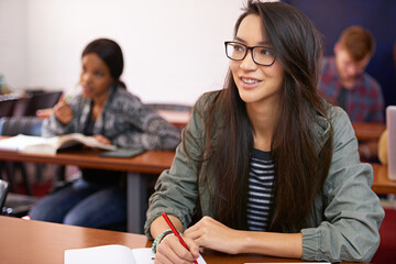 University student, class and writing in education lecture or college scholarship for learning,...