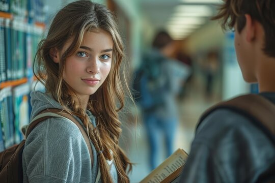 A teenage girl with a backpack talks to a schoolmate in a bustling high school hallway scene